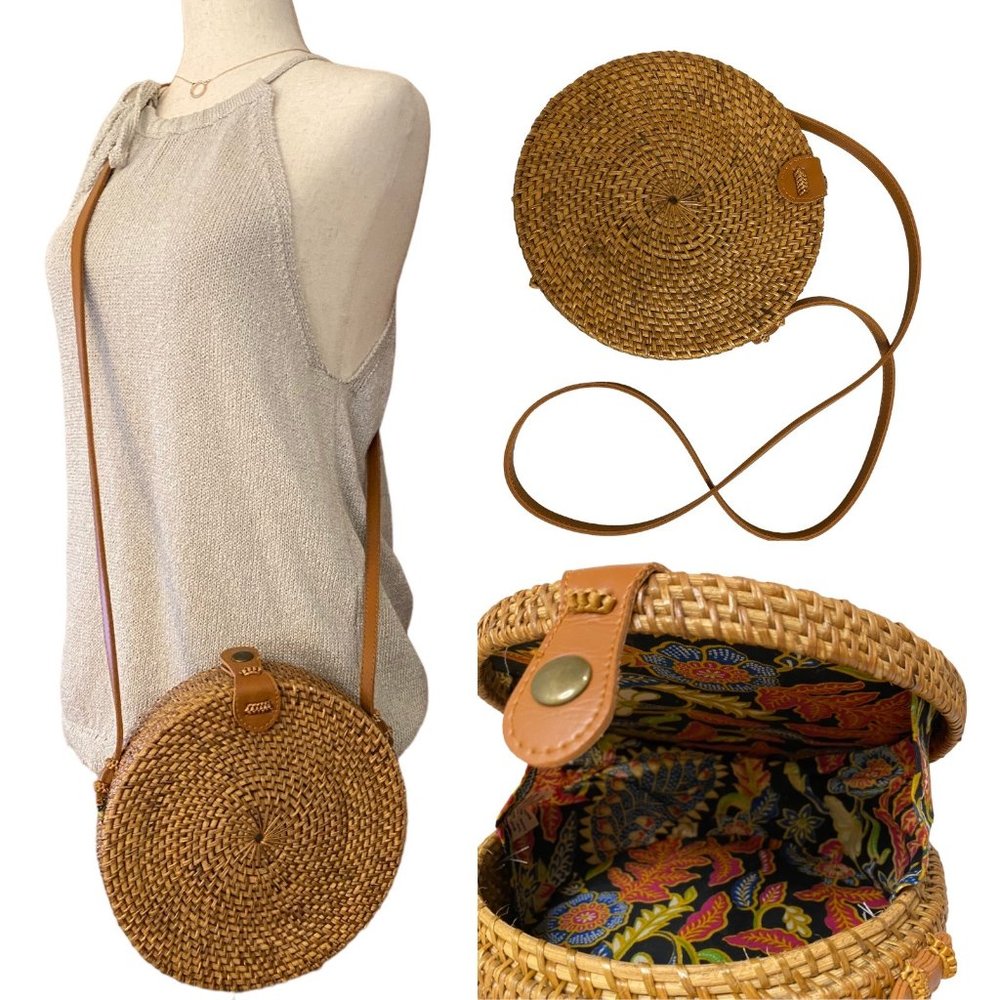 Indonesian Woven Rattan Crossbody Shoulder Bag Purse Lined 8-in. Round‎ Boho Eco